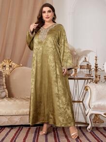 Al Najma Plus Size Arab Clothing V-Neck Long Dress - Mustard Yellow - View 5
