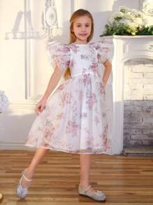 SHEIN Tween Girls' Floral Print Organza Dress With Round Neckline, Layered Ruffle Sleeves - White - View 6