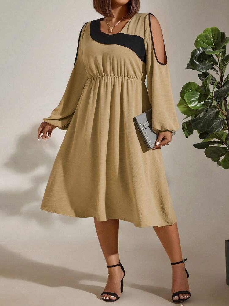 Plus Size Women's Open Shoulder Colorblock Long Sleeve Midi Dress Fall Cloth For Women