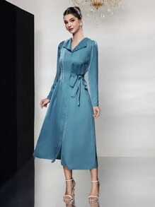 Modelyn 女式束带 A 字形连衣裙，配编织饰边细节长款晚礼服 - 藍色 - 查看 3