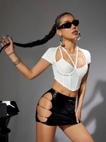 SHEIN ICON Y2k Summer Women's Slim Fit Waist Cincher & Underwire Chest Design T-Shirt - White - View 6