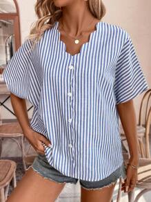 SHEIN Frenchy 女士條紋蝙蝠袖襯衫 - 藍白色 - 查看 6