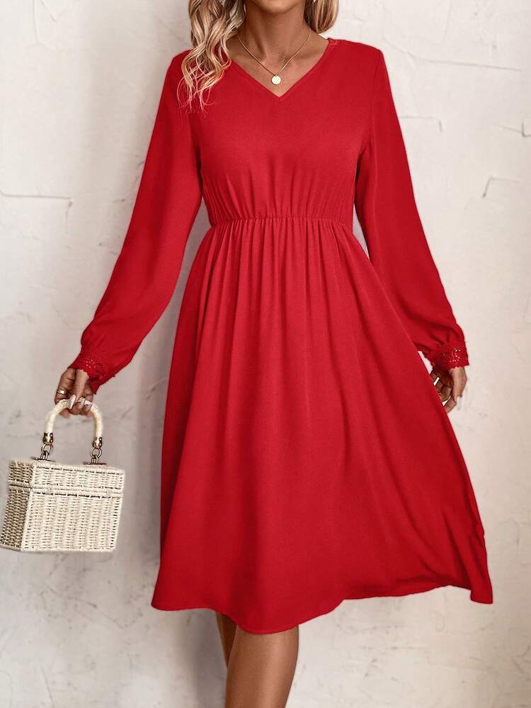 Valentine Lace V-Back Long Sleeve Women's Dress Without Belt Christmas Winter New Year Red Casual