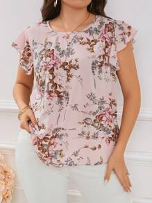 SHEIN Clasi Plus Size Women's Floral Printed Flutter Sleeve Floral Blouse - Hot Pink - View 4