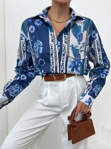 EURMUSE Floral Print Long Sleeve Shirt With Single Breasted Collar - Blue - View 4