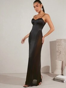 Hauture Women See-Through Contrast Mesh Cup Detail Maxi Cami Dress - Black - View 1