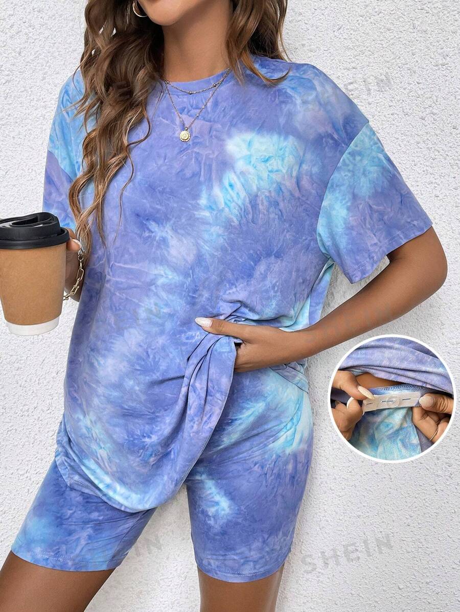 SHEIN Conjunto De 2 Piezas Suelta De Maternidad Con Teñido De Corbata Para Ropa Casual - Morado - Ver 1