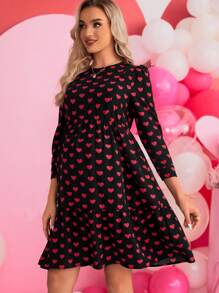 SHEIN Maternity Heart Print Nursing Dress - Red - View 4
