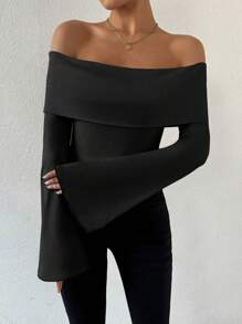 SHEIN LUNE Của phụ nữ Màu thuần Off-shoulder Tay áo loe Áo thun - màu đen - Xem 1