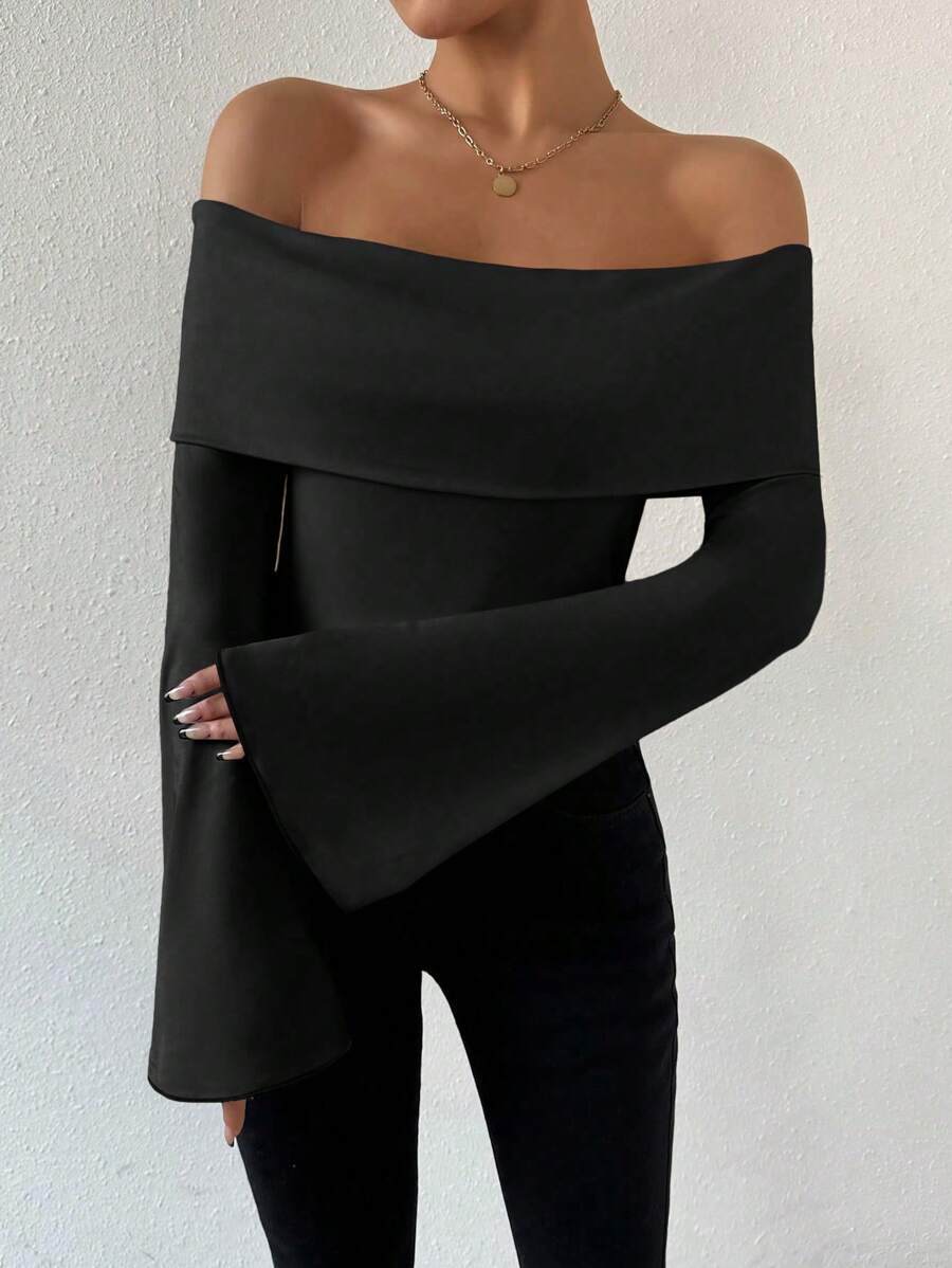SHEIN LUNE Của phụ nữ Màu thuần Off-shoulder Tay áo loe Áo thun - màu đen - Xem 1