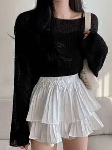 休闲纯色落肩宽松针织毛衣 - 黑色 - 查看 1