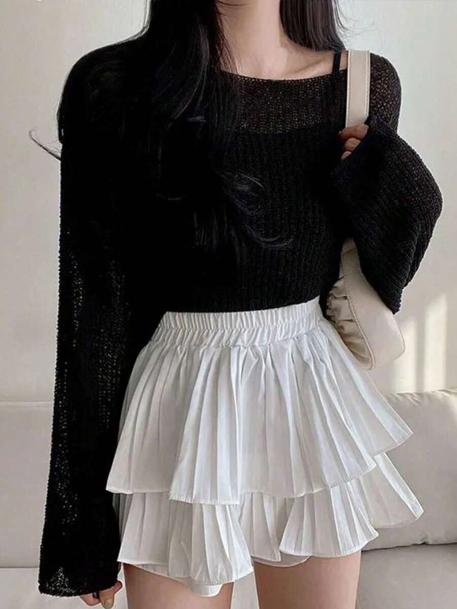 休闲纯色落肩宽松针织毛衣 - 黑色 - 查看 1