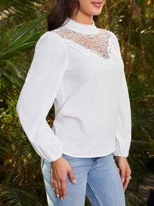 Chiquease Camisa Manga De Lámpara De Cuello Alto Con Encaje De Costura - Blanco - Ver 5