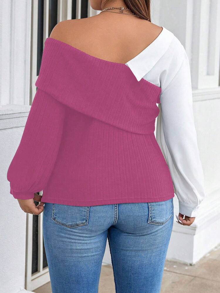 Plus Size Women's Color Block Asymmetrical Shoulder Top