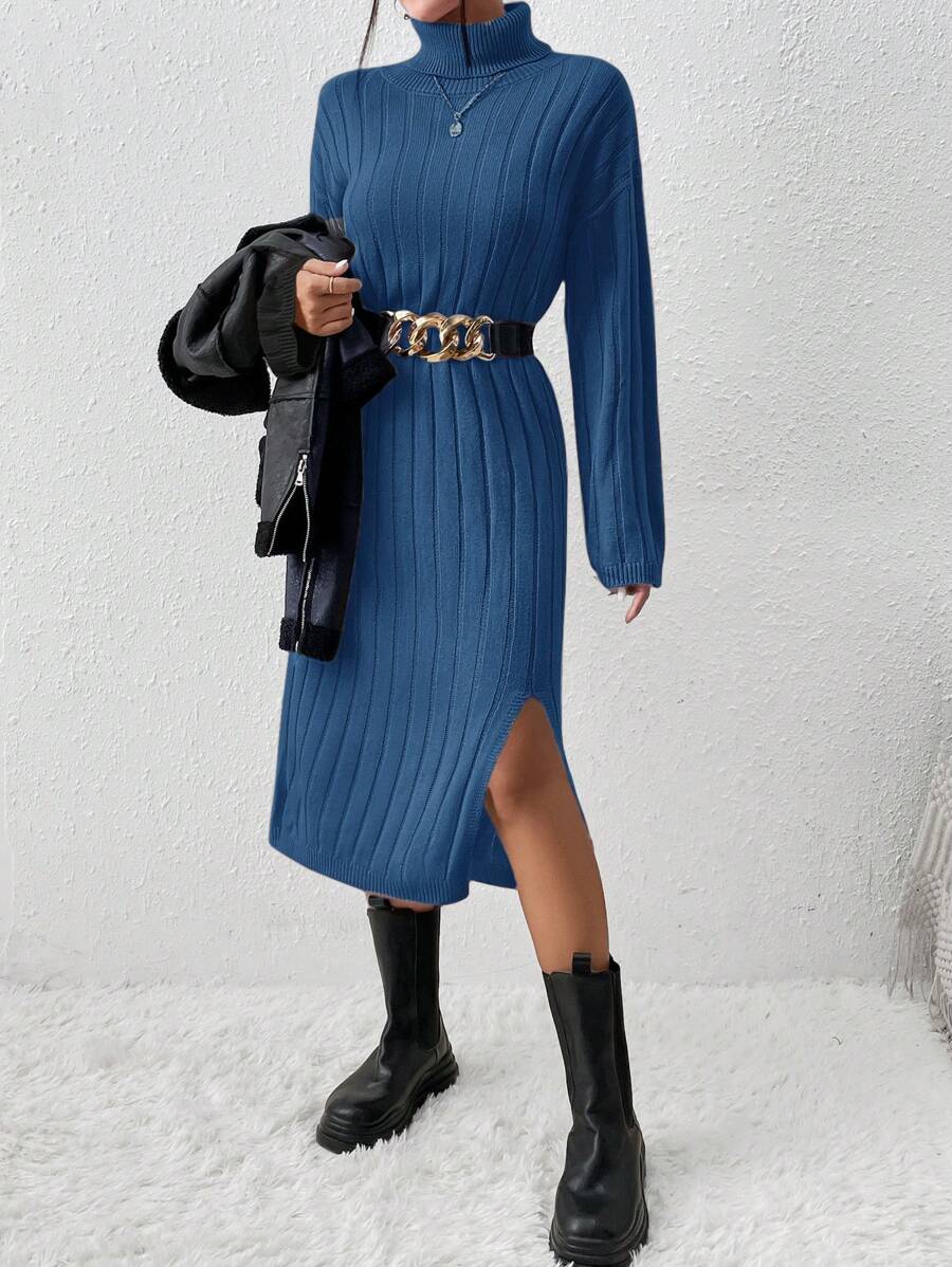 EURMUSE High Neck Drop Shoulder Long Sleeve Sweater Dress With Split Hem, Without A Belt - Navy Blue - View 1