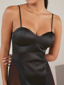 Hauture Women See-Through Contrast Mesh Cup Detail Maxi Cami Dress - Black - View 4
