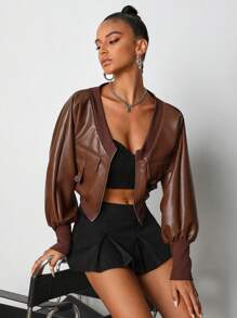 TRANG DUONG 设计师纯色落肩短款 PU 夹克，秋季，适合秋冬季、假日、度假、节日 - 棕色 - 查看 8