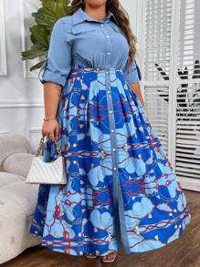 SHEIN CURVE+ 大码女式卷袖绳纹印花衬衫裙超长女装 - 彩色 - 查看 1