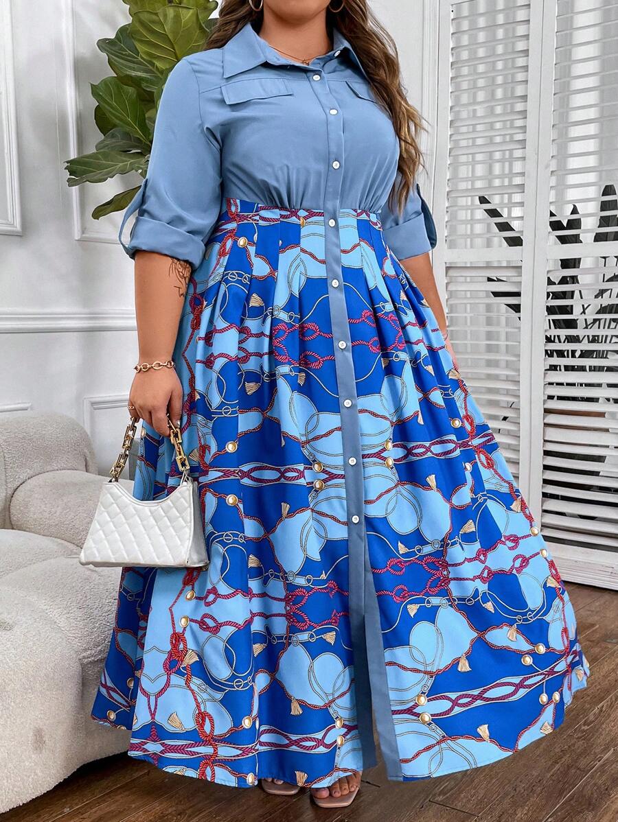 SHEIN CURVE+ 大码女式卷袖绳纹印花衬衫裙超长女装 - 彩色 - 查看 1