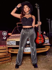 Celure Plus Size Women's Sparkly Flared Pants - Black - View 4