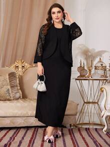 Modelyn Plus Size Solid Color Round Neck Long Dress & Cardigan Two Pieces Set 2 Pieces Set - Black - View 5