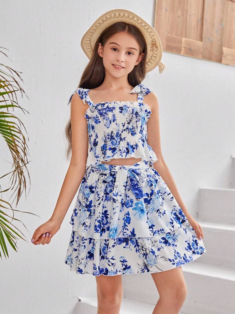 Tween Girls' Woven Floral Pleated Cami Top & Loose Woven Skirt Two Pieces Set