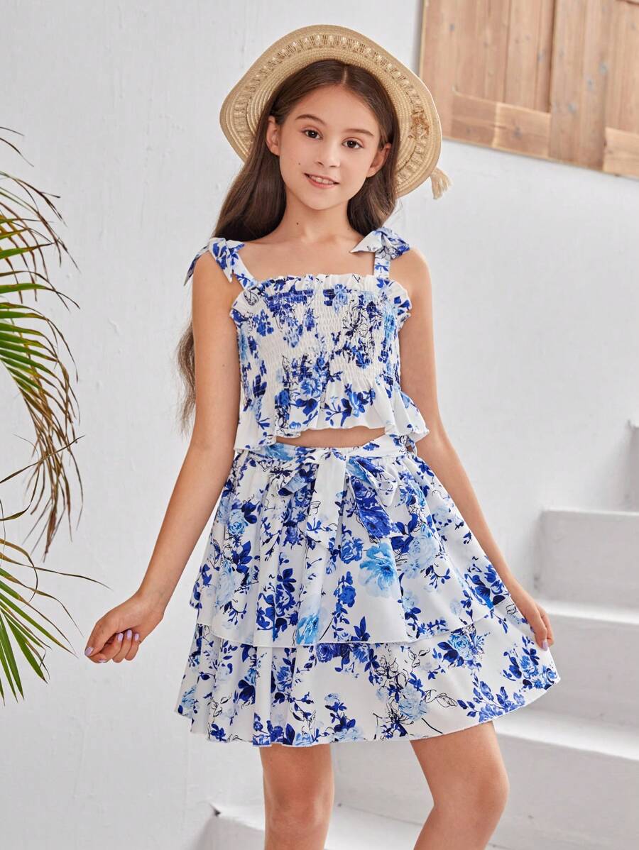 Tween 女童编织花卉褶皱吊带上衣和宽松编织裙两件套 - 彩色 - 查看 1