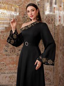 Modelyn Women's Geometric Pattern Asymmetrical Neckline Flare Sleeve Dress,Elegant Evening Party Dress Long Evening Dresses