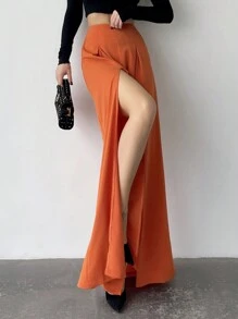 Firerie 女士夏季日常簡約優雅休閒度假海灘約會藍色高腰中分側開叉褶皺寬鬆長褲