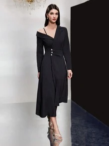 Modelyn 女式不对称领口长袖连衣裙长款女装 - 黑色 - 查看 4