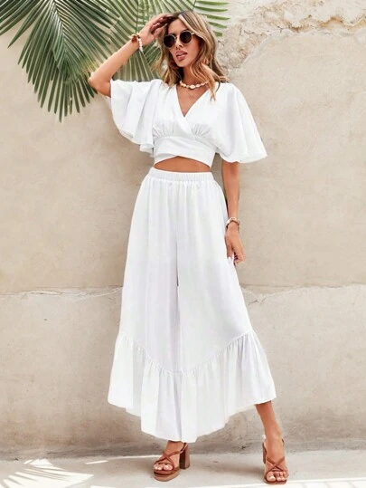 SHEIN VCAY Vacation Off Shoulder Cropped Shirred Top And Front Slit Skirt Summer Sets