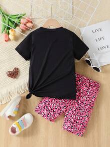 SHEIN 女小童卡通圖案T恤&豹紋印花短褲