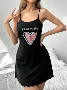 Camisón De Dormir Con Tirantes Con Estampado De Letras En Inglés Y Corazón - Negro - Ver 5