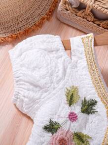 SHEIN Cô Gái Trẻ Dán in hoa Băng tương phản Ống tay áo Đầm Với Trang trí Dây đeo , Mùa xuân/Mùa hè - trắng - Xem 6