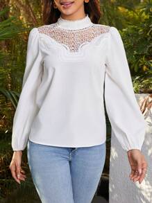 Chiquease Camisa Manga De Lámpara De Cuello Alto Con Encaje De Costura - Blanco - Ver 6