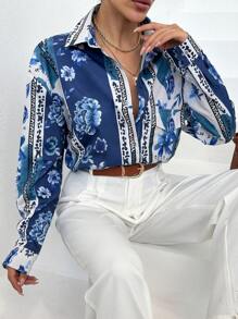 EURMUSE Floral Print Long Sleeve Shirt With Single Breasted Collar - Blue - View 3