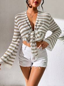 Breezaya Damski W paski Przód Wiązanie Długi Rękaw Rozpinane Swetry Z Otwarcie z przodu - Wielokolorowe - Zobacz 1