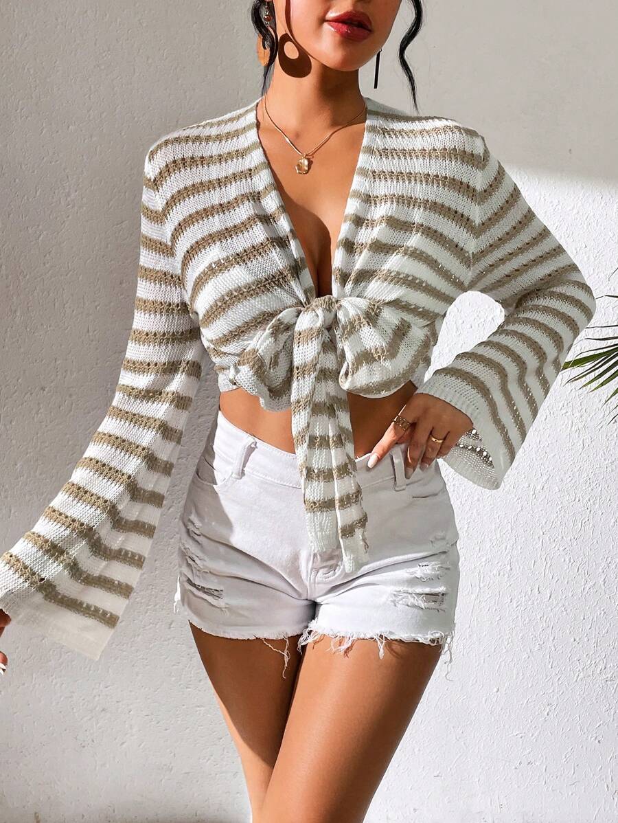 Breezaya Damski W paski Przód Wiązanie Długi Rękaw Rozpinane Swetry Z Otwarcie z przodu - Wielokolorowe - Zobacz 1