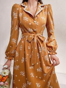 Mulvari Women's Floral Printed Dress With Suit Collar And Long Sleeves - Yellow - View 1