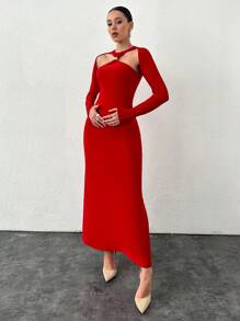 RueChic Metallic Embellished Cross Front Knit Dress With Slit, Perfect For Party And Wedding Occasions - Red - View 5