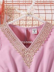 SHEIN Tween Girl Summer New Arrival Elegant V-Neck Flower Lace Jumpsuit - Pink - View 7