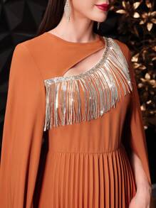 Modelyn Women's Glitter Fringed Hollow Out Cape Sleeve Bodycon Dress,Elegant Evening Party Dress Long Evening Dresses - Orange - View 6