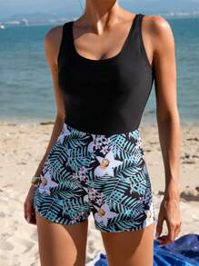 Swim Lushoire Summer Beach Women's One-Piece Swimsuit With Plant Print - Multicolor - View 3