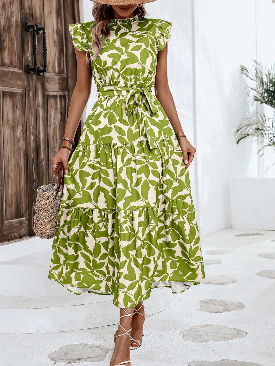 Breezaya 女士植物印花短袖飘袖荷叶边下摆连衣裙长款女装 - 彩色 - 查看 1