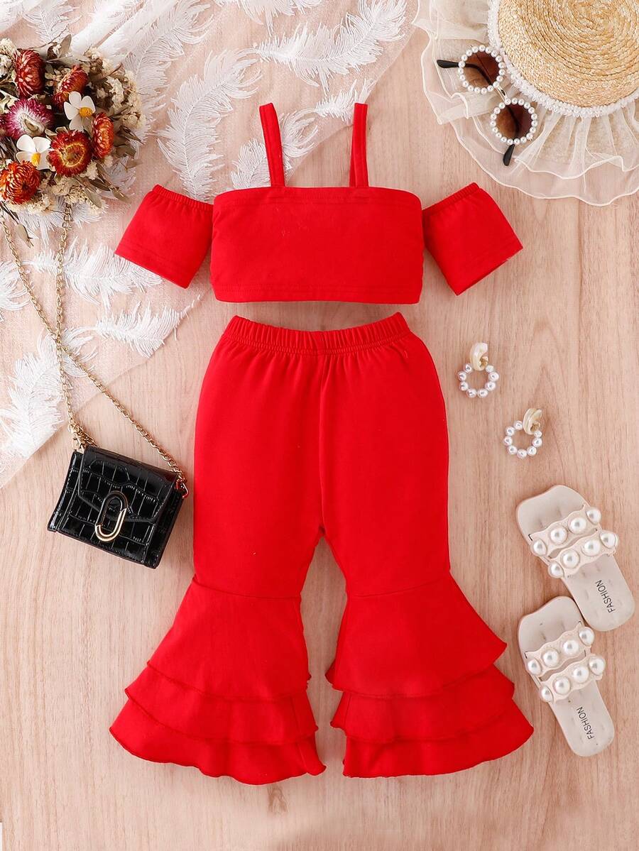 Conjunto de blusa sólida para bebé niña con hombros al descubierto y pantalones acampanados - Rojo - Ver 1