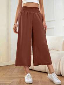 SHEIN LUNE Loose Fit Casual Elastic Waist Capri Pants - Rust Brown - View 1