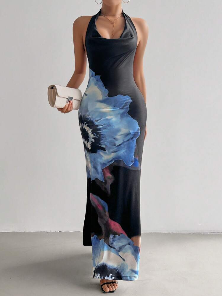 Wedding Daily Elegant Holiday Date Party INS Floral Print Halterneck Draped Collar Backless Neck Tie Long Dress