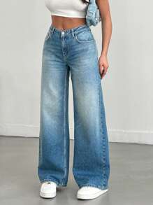 EURMUSE Casual Wide-Leg Jeans - Medium Wash - View 1