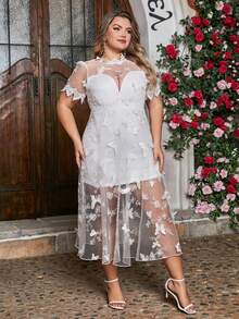 Double Crazy Plus Size Women's Butterfly Embroidered Sheer Mesh Evening Party Dress - White - View 6