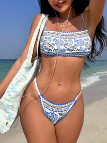 SHEIN Swim Ladies' Flower Pattern Print Two-Piece Bikini Set Summer Beach - Multicolor - View 2